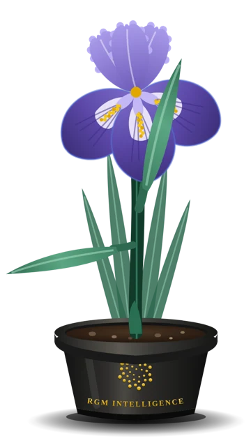 IRIS, a violet iris in an RGM Intelligence pot, waving
